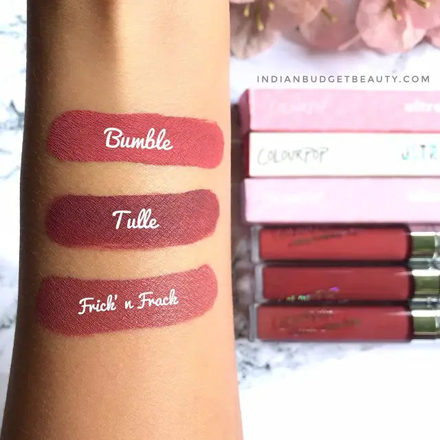 colourpop bumble, tulle, frick n frack swatches