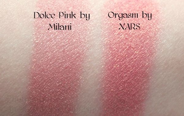 Milani dolce Nars Orgasm dupe swatch