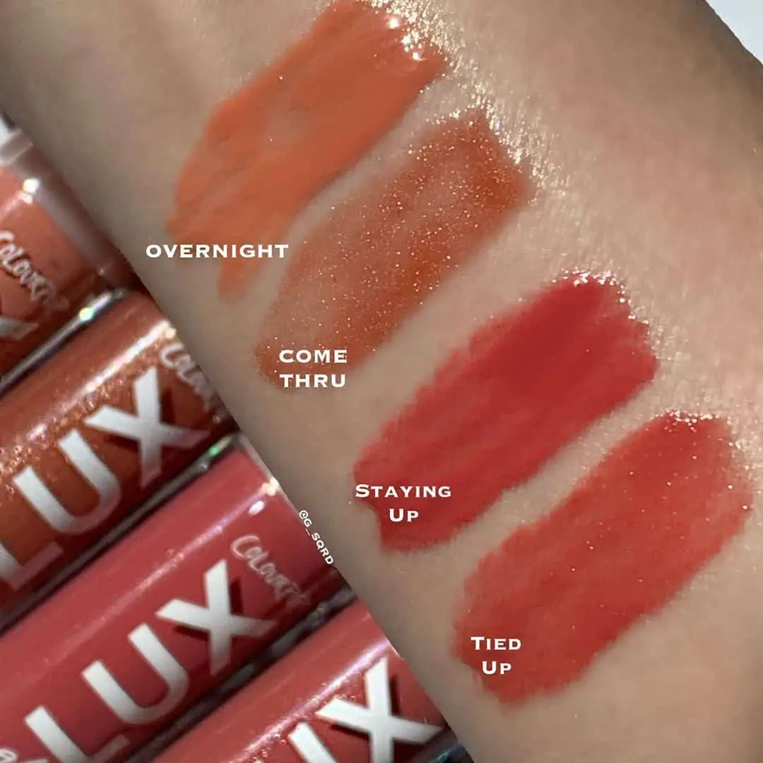 colourpop celestial collection lux gloss swatches - overnight, come thru, staying up, tied up